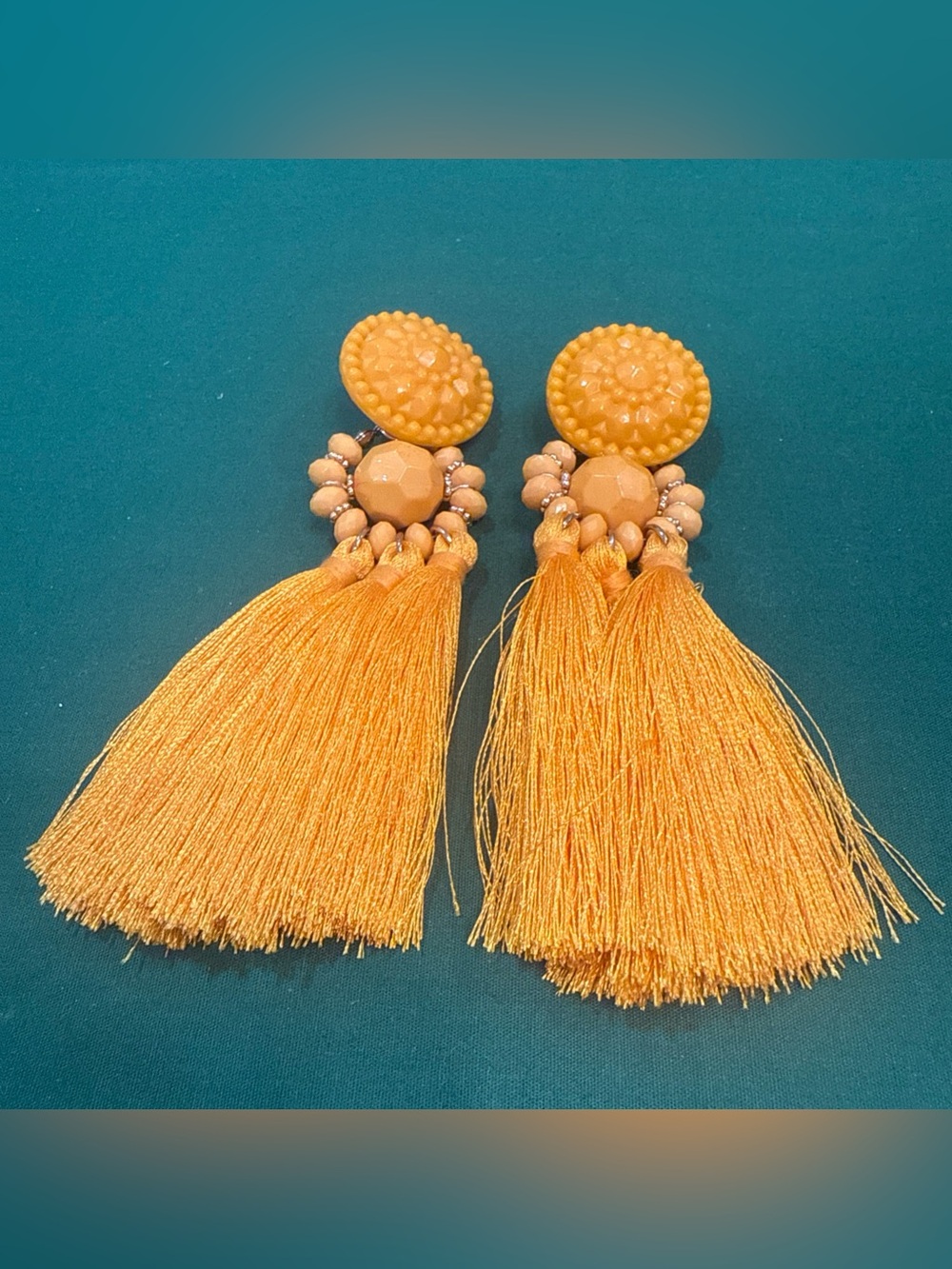 Bright Yellow Tassel Drop Earrings W/Textured Circular Stud &Beaded Accents 32E